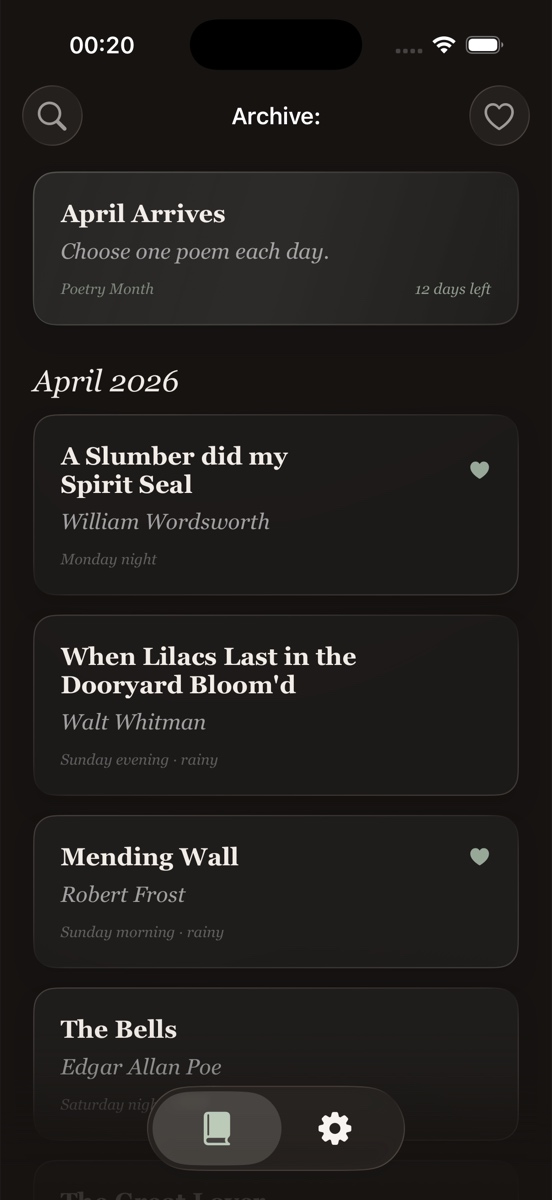 Sometimes archive in dark mode listing saved poems by Wordsworth, Whitman, Frost, and Poe.