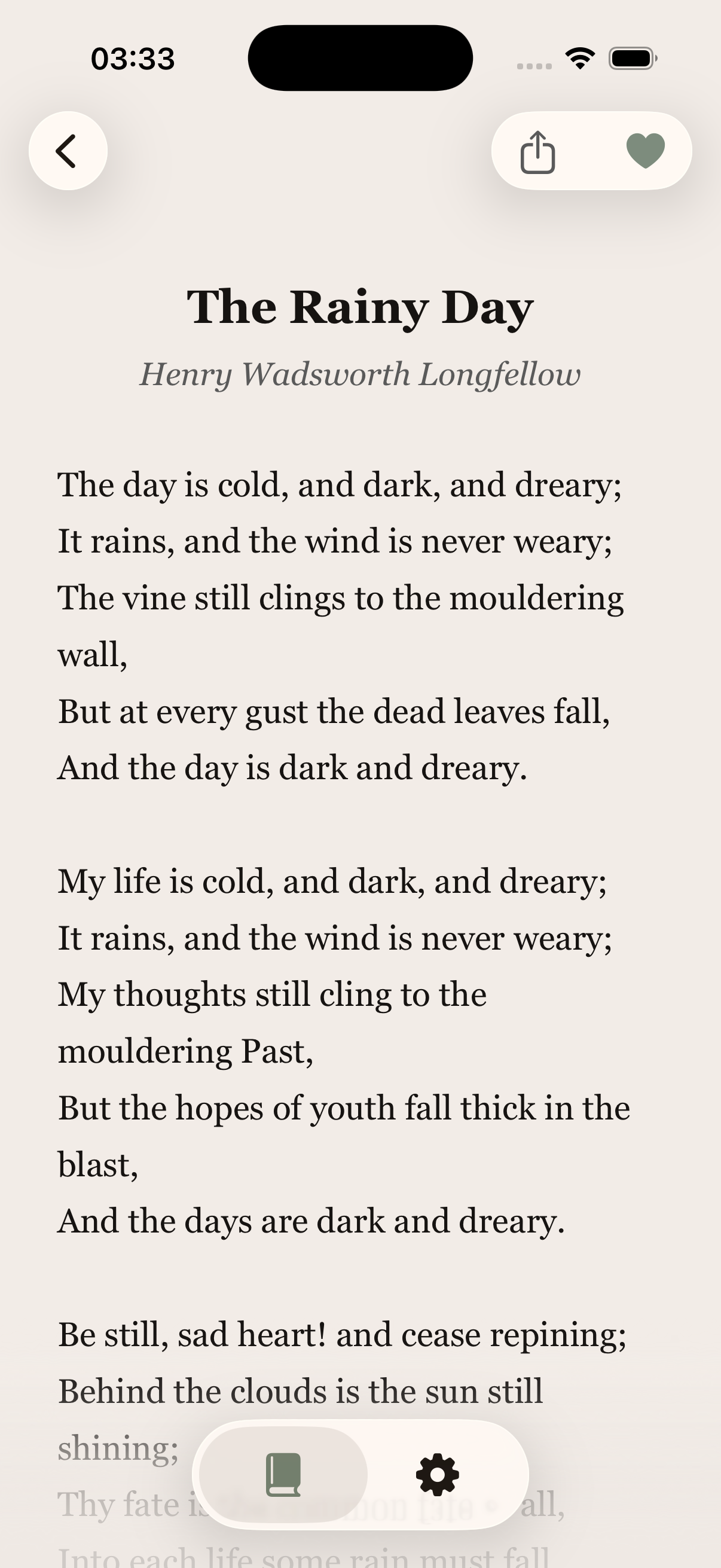 Sometimes reader screen showing The Rainy Day by Henry Wadsworth Longfellow.
