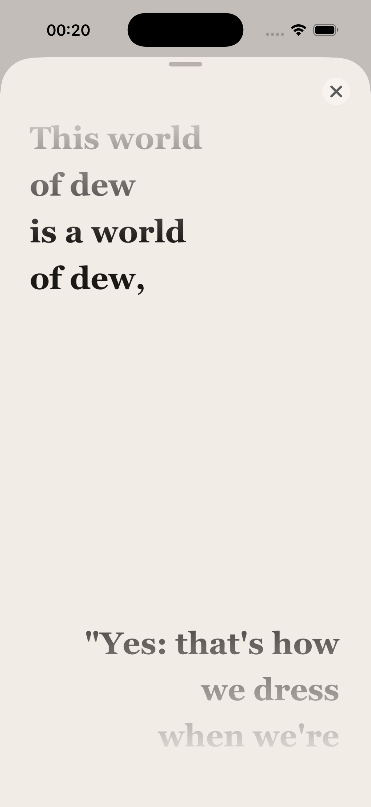 Sometimes reveal screen showing the poem line This world of dew is a world of dew.